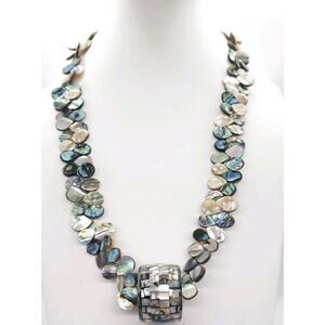 Vintage Necklace Abalone Shell & MOP Iridescent Spinning Pendant Peacock Colors